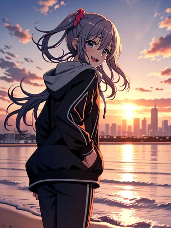 masterpiece, best quality, cowboy shot, looking back at viewer, :d, long hair, one side up, hair scrunchie, hooded jacket, pants, running, outdoors, sunset, beach, skyline,