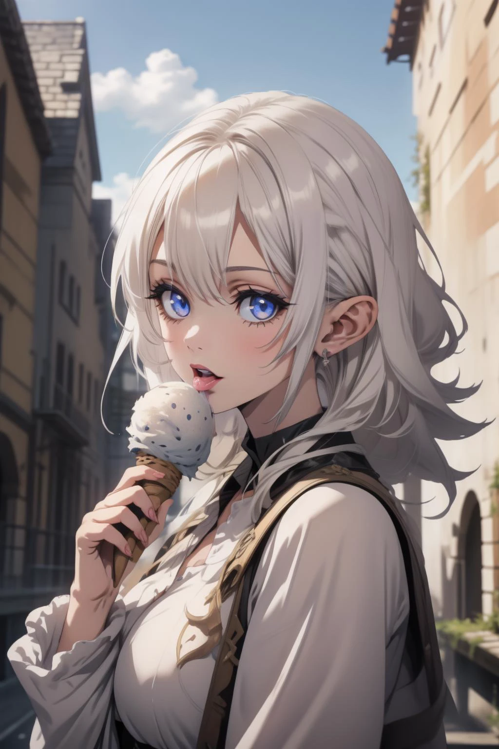 1 elf girl, lick white ice cream, village, fantasy, vanilla, castle
