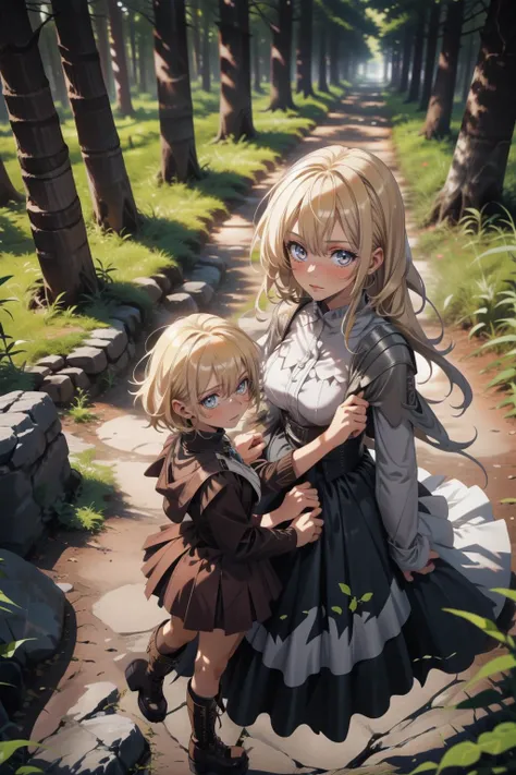 ((2 little girls))in  forest, wide shot magnificent view,from above,looking up,ground,blonde hair,(dappled sunlight)+,blurry,depth of field, boots,leaf, ((anxious))