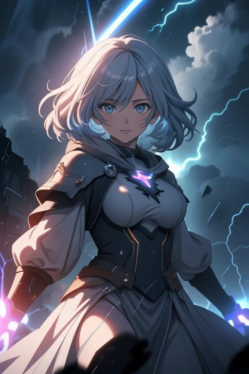 amazing quality, masterpiece, best quality, hyper detailed, ultra detailed, portrait of a dangerous goddess, (mythical cinematic establishing shot of gorgeous woman, highly detailed background:1.2), volumetric lighting, subsurface scattering, dynamic pose, (special effects, color grading, fantasy aura), (Stormcaller:1.4), (Medium Covered breasts:0.81), Thunderclouds, lightning bolt, tempest robes, commanding presence,glowneon