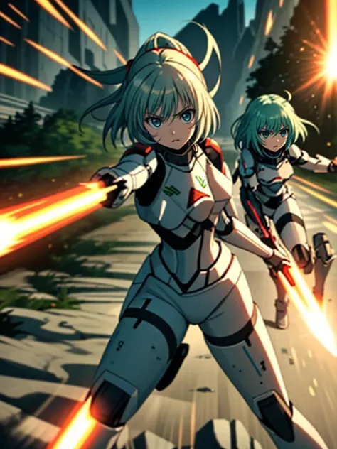 2 girls, sci-fi, white battle suits, fighting, attacking, fire, dutch angle, shout, beam saber, shooting, landscape, weapon