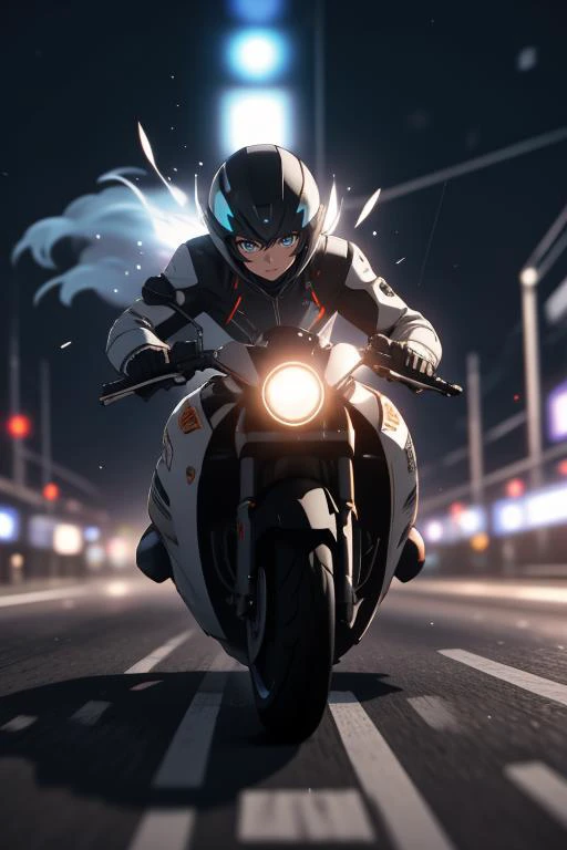 a dynamic perspective, perhaps from ground level or a low angle, to emphasize the speed and power of a Dukadi motorcycle as they zoom past. Use foreshortening to accentuate the sense of depth and movement,  glowneon, glowing, sparks, lightning,motion blur,background of highways