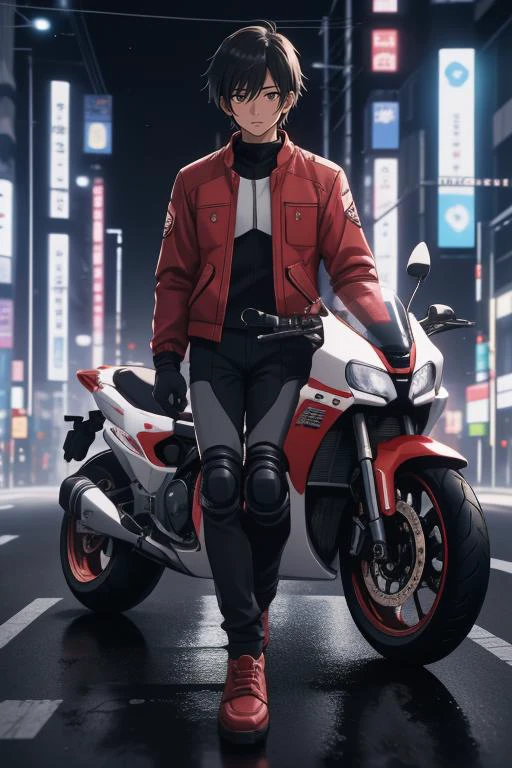 ((Japanese young man standing in front of motorcycle))<lora:akira_kaneda:1> kaneda shotaro, solo, 1boy, male focus, jacket, red jacket, boots, motorcycle, red gloves, pants <lora:AkiraSBK_v3:.3> krsbk, vehicle focus, realistic ((red futuristic motorcycle stickers)) ((ultra-HD-details)) ((detailed amazing hyper_detailed, absurdres, photo, masterpiece))
((detailed healthy, pale skin, pores, tones, creases, folds)) ((8k award winning, best quality))
RAW photo, subject, 8k uhd, soft lighting, high quality, film grain, Fujifilm XT3 ((futuristic tokyo city background))