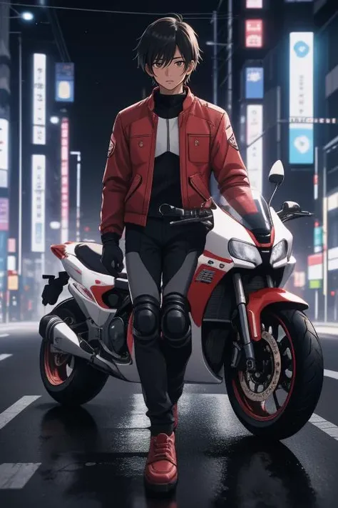 ((Japanese young  man standing in front of motorcycle))<lora:akira_kaneda:1> kaneda shotaro, solo, 1boy, male focus, jacket, red jacket, boots, motorcycle, red gloves, pants <lora:AkiraSBK_v3:.3> krsbk, vehicle focus, realistic ((red futuristic motorcycle stickers)) ((ultra-HD-details)) ((detailed amazing hyper_detailed, absurdres, photo, masterpiece))  
((detailed healthy, pale skin, pores, tones, creases, folds)) ((8k award winning, best quality)) 
RAW photo, subject, 8k uhd, soft lighting, high quality, film grain, Fujifilm XT3 ((futuristic tokyo city background))