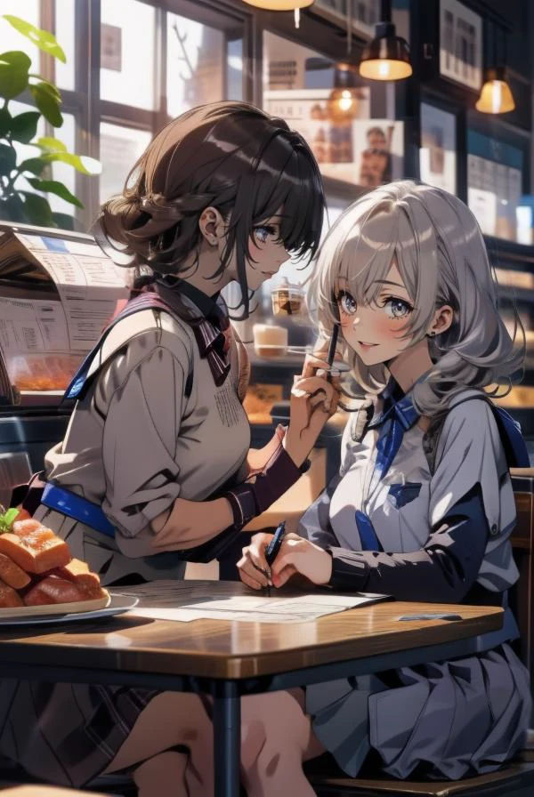 2 girls at coffee shop , school uniform, joyful talking, (anime)