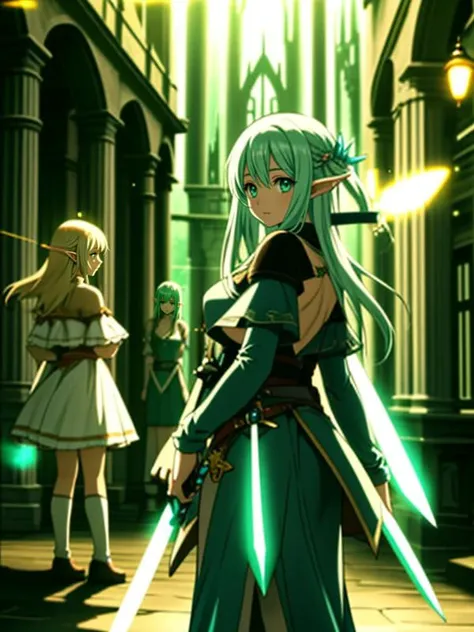 4 girls, fantasy, elf, ((light effects)), landscape, sword dance