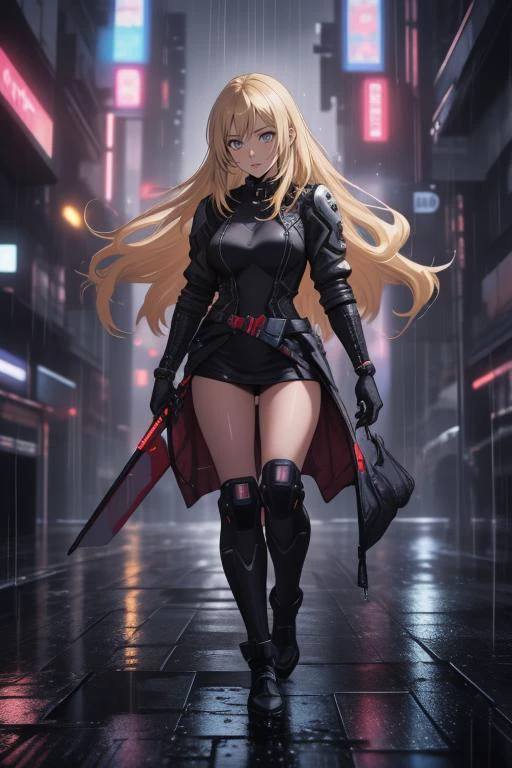 amazing quality, masterpiece, best quality, hyper detailed, ultra detailed a beautiful woman, blonde hair,detailed face, portrait, holding glowing sword, cyberpunk setting, HKStyle,raining, rainy weather,full body