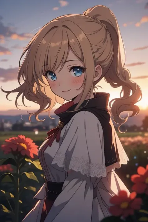 best quality, masterpiece, extremely detailed, detailed background, 1girl, solo, yellow hair, blue eyes, braid, long hair, wavy hair, fluffy hair, ponytail, french braid, blush, smile, capelet, lace trim, bodice, sunset, dusk, scenery, high place, horizon, wind, wind blow, flowerbed, looking at viewer, depth of field, bokeh