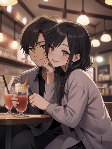 1girl  and 1boy kissing
smile
cafe