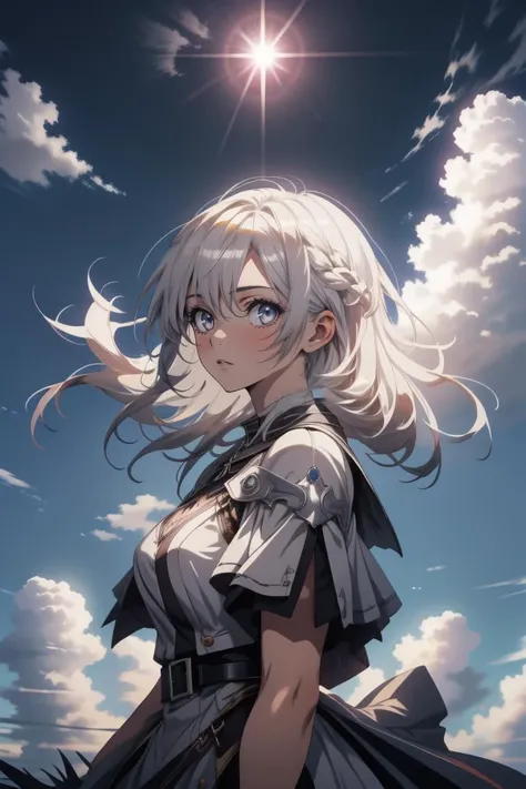 absurdres, highres, (official art, beautiful and aesthetic:1.2), close view, shining sky, vast world, girl, gazing, awe-inspiring expression, distant horizon, clouds, high hill, natural beauty, inspiration, light effects