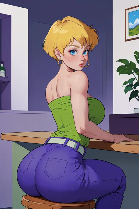(masterpiece,best quality,absurdres,beautiful,sharp,detailed),sitting,stool,upper body,1girl,big booty,erasa db,looking at viewer,earrings,green shirt,strapless,purple pants,white belt,bare shoulders <lora:erasa_dragonball:0.8>