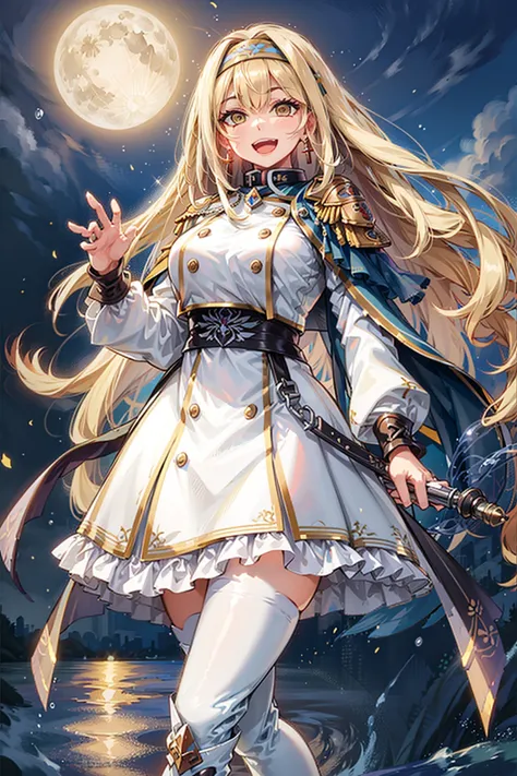 masterpiece, best quality, ultra-detailed, glistening shiny, glowing light, ray tracing, HDR, deph of field, (perfect face, detailed face, detailed eyes,perfect hands,perfect fingers), 8k,HD,ultra realistic face,ray tracing,perfect lighting,best quality, ultra-detailed, shiny eyes, (looking at viewer,open mouth smile:1.1), ((1girl)), (mature female:1.4), thicc,
<lora:ireneYGO_LoHa_LeaderThree_v1:0.75>,
gibrineYGOLT,
yellow eyes, blonde hair, very long hair, hair intakes, two-tone hairband, glowing, blue ribbon, cross earrings, jewelry,
blue epaulettes, white capelet, jacket, blue uniform, high-waist skirt, black pantyhose, white boots, high heels, knee boots,
water, sparkle. gun, holding gun, full moon,