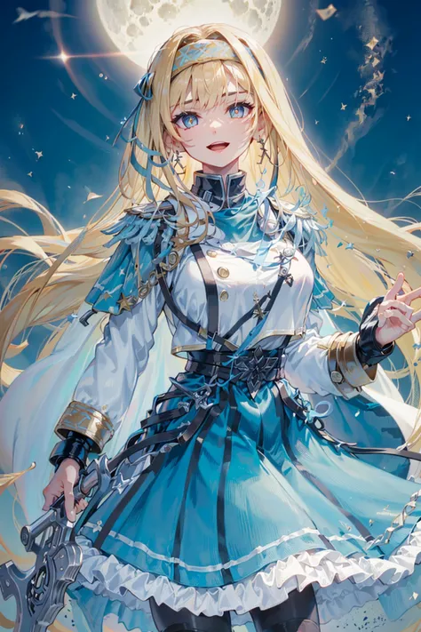 masterpiece, best quality, ultra-detailed, glistening shiny, glowing light, ray tracing, HDR, deph of field, (perfect face, detailed face, detailed eyes,perfect hands,perfect fingers), 8k,HD,ultra realistic face,ray tracing,perfect lighting,best quality, ultra-detailed, shiny eyes, (looking at viewer,open mouth smile:1.1), ((1girl)), (mature female:1.4), thicc,
<lora:ireneYGO_LoHa_LeaderThree_v2:0.9>,
(gibrineYGOLT),
glowing eyes, (yellow eyes:1.2), bright pupils, blonde hair, very long hair, hair intakes, (two-tone hairband:1.2), (blue ribbon:1.2), glowing, cross earrings,
single epaulette, (blue epaulette:1.2), (white capelet:1.2), (white cape:1.2), (white coat:1.2), long sleeves, white skirt, gibrine belt, black pantyhose, fine fabric emphasis,
water, holy water, magic, sparkle, full moon,
weapon, gun, rifle,