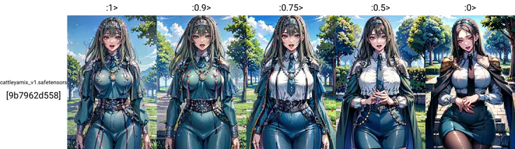 masterpiece, best quality, ultra-detailed, glistening shiny, glowing light, ray tracing, HDR, deph of field, (perfect face, detailed face, detailed eyes,perfect hands,perfect fingers), 8k,HD,ultra realistic face,ray tracing,perfect lighting,best quality, ultra-detailed, shiny eyes, (looking at viewer,open mouth smile:1.1), ((1girl)), (mature female:1.4), thicc,
<lora:ireneYGO_LoHa_LeaderThree_v2:1>,
ireneYGOLT,
green hair, grey hair, brown hair, gradient hair, brown eyes, purple eyes, very long hair, hair intakes, bead necklace, irene necklace, exosister hairband,
exosister habit, single shoulder pad, long sleeves, blue capelet, blue cape, blue jacket, black necktie, short necktie, long skirt, frilled skirt, blue skirt, black pantyhose, irene belt,
day, ruins, blue sky, cloudy sky, tree,