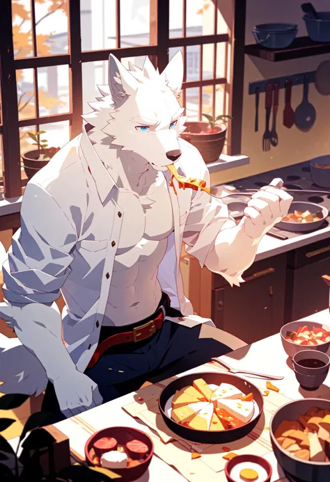 canid, canids, wolf, by zixiong,
solo, anthro, male, (white fur, white body, white eyebrows:1.5),
clothed, open topwear, open shirt, white shirt, belt, pants,
blue eyes, humanoid hands, food, eating,
inside, kitchen, window, sunlight, plants, detailed background