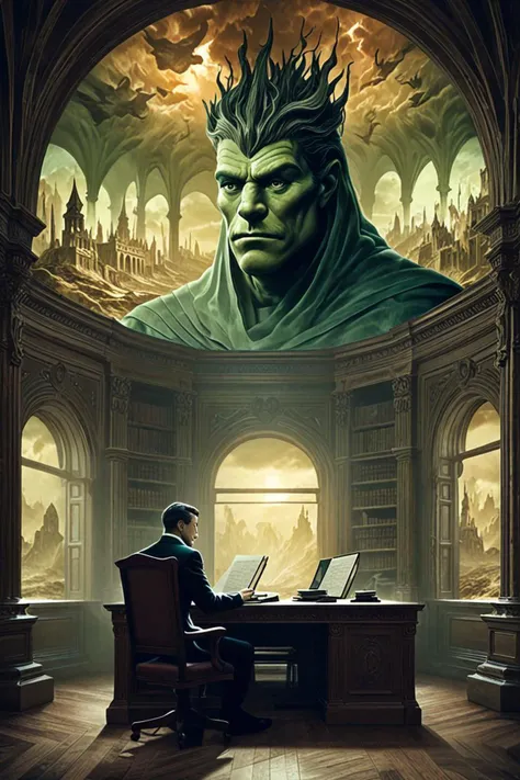 a thick jawline and emir in a studying in a brightly lit room in the style of surreal matte painting, lord, <lora:sdxl_lightning_8step_lora.safetensors:1.0>, <lora:add detail xl.safetensors:1.5>