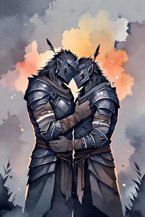 a wearing a dark armor and tribal sleeve left arm in a gray sky in the style of high quality watercolors, romantic atmosphere, <lora:sdxl_lightning_8step_lora.safetensors:1.0>, <lora:add detail xl.safetensors:1.5>