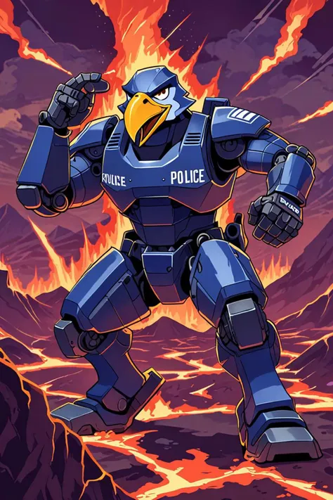 a mechanized police infantry and one big beak in a volcanic background in the style of default pose neutral expression, drunk, <lora:sdxl_lightning_8step_lora.safetensors:1.0>, <lora:add detail xl.safetensors:1.5>