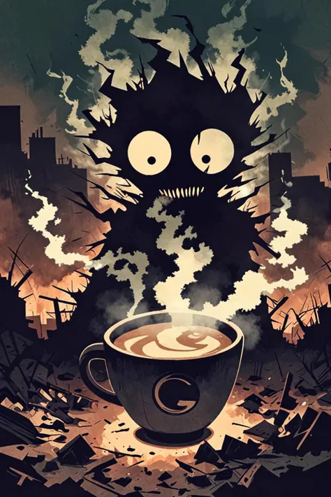 a steaming coffee and large creepy eyes in a smoke and rubble in the style of post minimalism, magic storm, <lora:sdxl_lightning_8step_lora.safetensors:1.0>, <lora:add detail xl.safetensors:1.5>