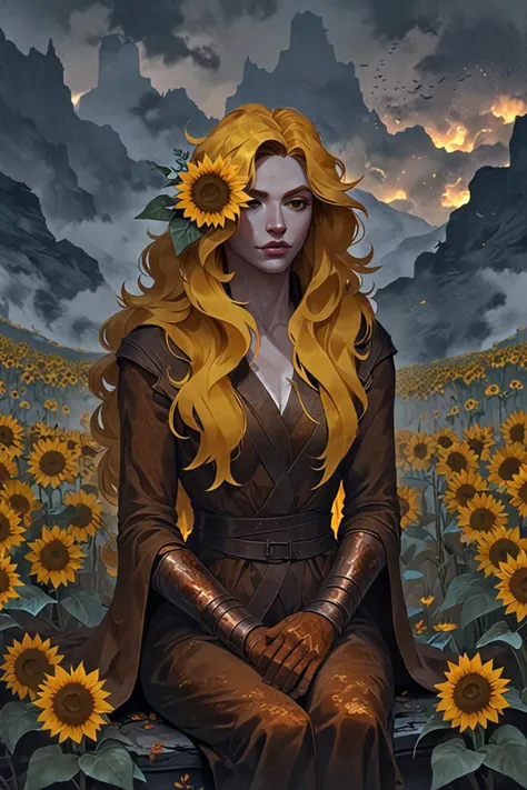 a rusted metal and sunflowers and sitting with flowers in a dark misty foggy valley in the style of yellow tint, gorgeous hair, <lora:sdxl_lightning_8step_lora.safetensors:1.0>, <lora:add detail xl.safetensors:1.5>