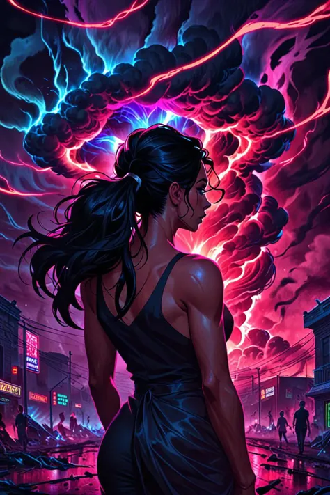 a long black hair in a ponytail and rgb shift in a beautiful tornado in the style of red neon, onlookers, <lora:sdxl_lightning_8step_lora.safetensors:1.0>, <lora:add detail xl.safetensors:1.5>