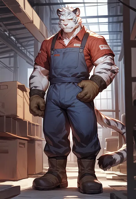 felid, tiger, (by lindong:0.2), by milkytiger1145, 
anthro, solo, male, muscular, 
(white eyebrows, white fur, white body:1.2), 
clothed, topwaer, bottomwear, footwear, handwear, (gloves), boots,
worker, (factory uniforms, work wear style), detailed background,