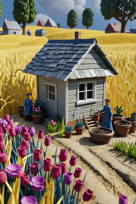 a flower pots and portrait woman in a wheat field behind the house in the style of war art, 3 d 8 k, <lora:sdxl_lightning_8step_lora.safetensors:1.0>, <lora:add detail xl.safetensors:1.5>