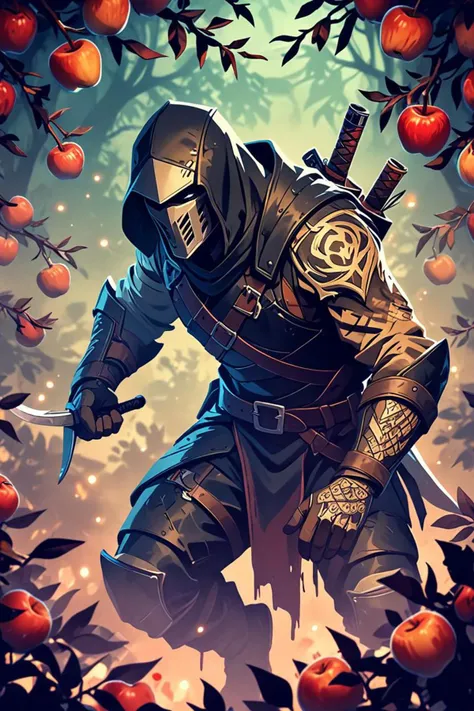 a accessories and wearing leather assassin armor in a picking apples from a tree in the style of tattoo, bioluminescent atmosphere, <lora:sdxl_lightning_8step_lora.safetensors:1.0>, <lora:add detail xl.safetensors:1.5>