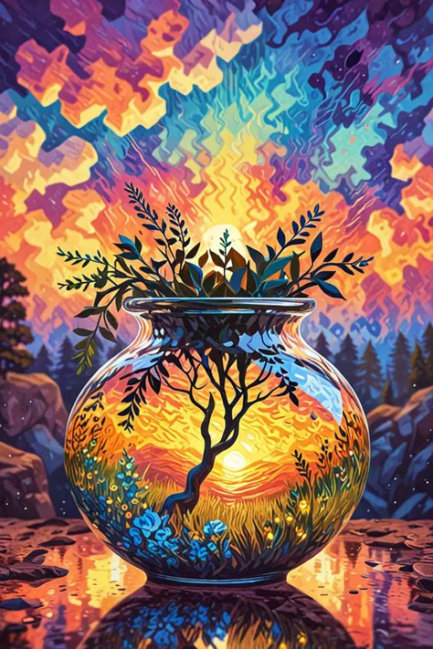a goddess of nature and plants in glass vase in a dramatic sunset in the style of neo impressionism, magic atmosphere, <lora:sdxl_lightning_8step_lora.safetensors:1.0>, <lora:add detail xl.safetensors:1.5>