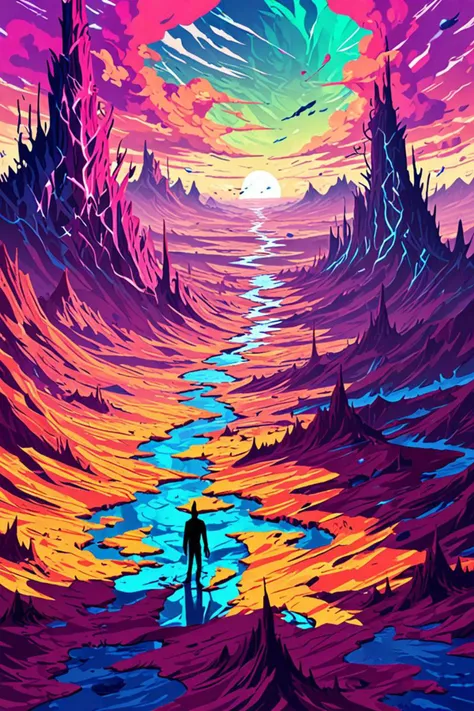 a gvc design and menacing! in a overlooking a desolate wasteland in the style of innocent look. rich vivid colors, sinking as if drowing, <lora:sdxl_lightning_8step_lora.safetensors:1.0>, <lora:add detail xl.safetensors:1.5>