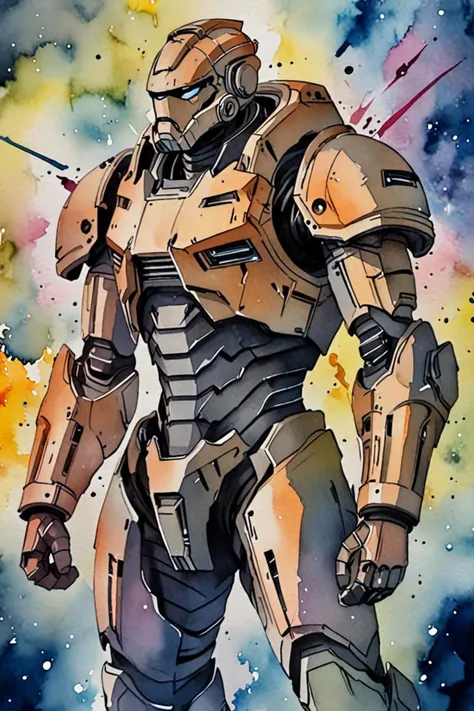 a distorted pose and wearing sci fi armor in a huge space battle in the style of watercolor and ink, posessed, <lora:sdxl_lightning_8step_lora.safetensors:1.0>, <lora:add detail xl.safetensors:1.5>
