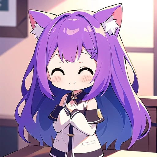 <lora:hotarueye_comic12_v100:1>
1girl, (chibi:1.4), smile, closed mouth, upper body, standing, animal ear, purple hair, indoors