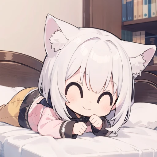 <lora:hotarueye_comic12_v100:1>
1girl, (chibi:1.4), smile, closed mouth, dynamic angle, lying on bed, animal ear, white hair, indoors