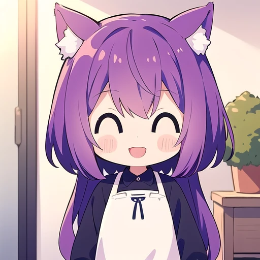 <lora:hotarueye_comic12_v100:1>
1girl, (chibi:1.4), smile, open mouth, upper body, standing, animal ear, purple hair, indoors