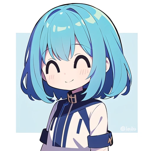 <lora:hotarueye_comic12_v100:1>
1girl, (chibi:1.4), smile, closed mouth, upper body, standing, , blue hair,