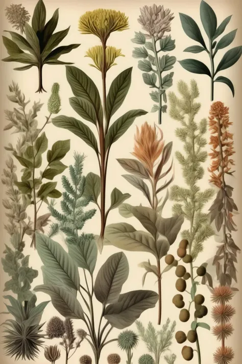 <lora:Century Botanical Illustration:1>Century Botanical Illustration - a variation of plants in the style of a vintage botanical school book in muted colours