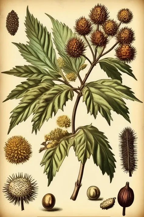 <lora:Century Botanical Illustration:1>Century Botanical Illustration - colored vintage botanical drawing of castor oil plant plant and seeds vintage style