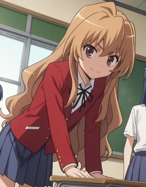 score_9, score_8_up, score_7_up, source_anime,
taigaaisaka, <lora:taiga-aisaka-s1-ponyxl-lora-nochekaiser:1>,
taiga aisaka, long hair, brown hair, brown eyes,
school uniform, oohashi high school uniform, jacket, red jacket, long sleeves, shirt, white shirt, collared shirt, ribbon, skirt, pleated skirt,
indoors, classroom, bent over, smile,
looking at viewer, solo, cowboy shot, dutch angle,