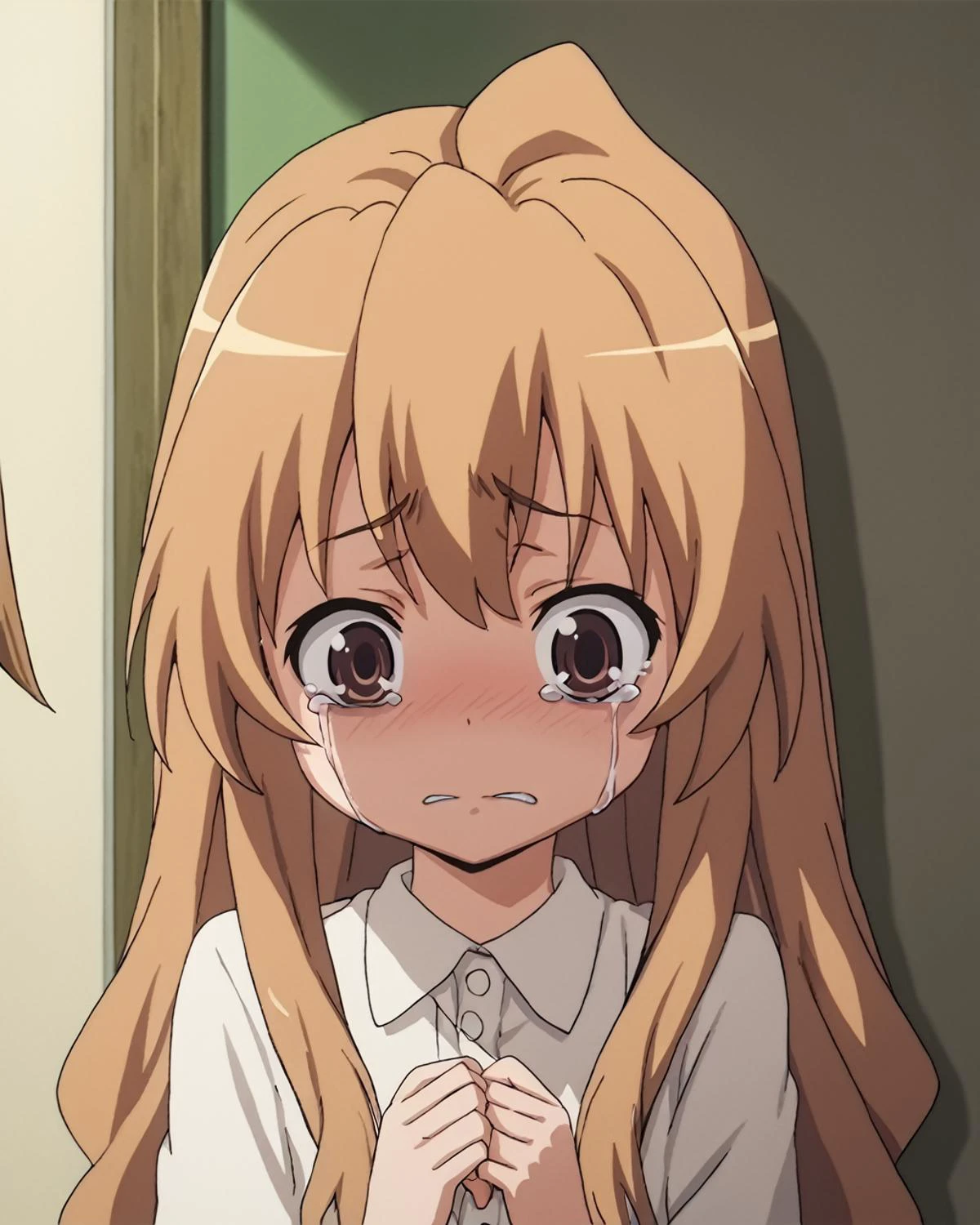 score_9, score_8_up, score_7_up, BREAK source_anime,masterpiece, best quality, highly detailed,absurdres, anime,highres,8k, shadow,uncensored,
, indoors, simple background, home,
, (cute child:1.1), aged down, , cunny, brat, mesugaki,
, childish,Intimacy, confidence,,trusted
, crying, camisoles, coverd face by hands, tears,
, <lora:taiga-aisaka-s1-ponyxl-lora-nochekaiser:0.9>,
,taiga aisaka, long hair, brown hair, brown eyes,
,