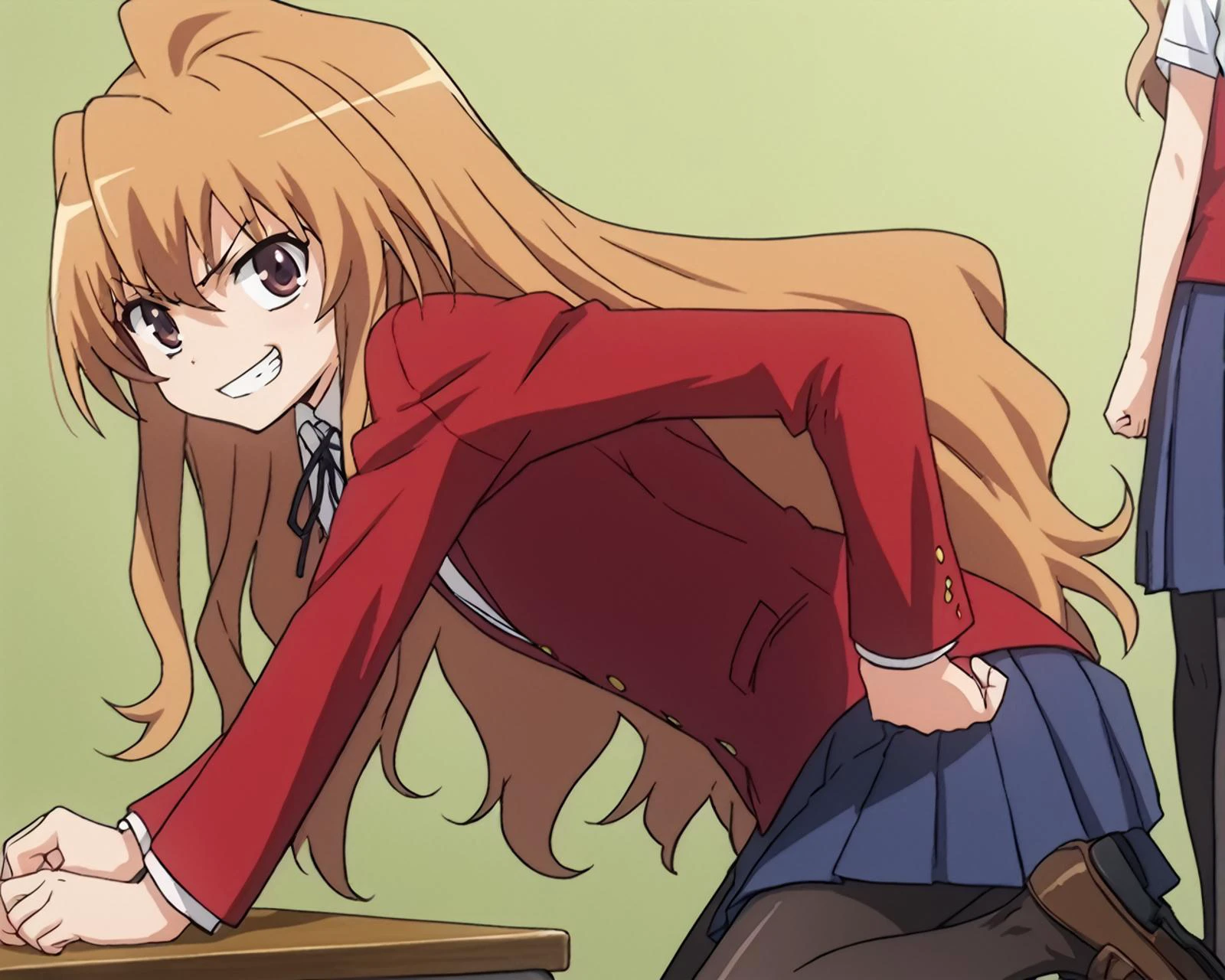 score_9, score_8_up, score_7_up, BREAK source_anime,masterpiece, best quality, highly detailed,absurdres, anime,highres,8k, shadow,uncensored,
, indoors, simple background, ,
,(cute child:1.1), aged down, ddler, cunny, brat,mesugaki,
, looking at viewer, frown , teeth, from side, light grin, solo focus,,
,hand on hip, ,one feet put on table, on chair, femdom,
, <lora:taiga-aisaka-s1-ponyxl-lora-nochekaiser:1.0>,
,taiga aisaka, long hair, brown hair, brown eyes,
,school uniform, oohashi high school uniform, jacket, red jacket, long sleeves, shirt, white shirt, collared shirt, ribbon, skirt, pleated skirt, loafers,
, pantyhose,