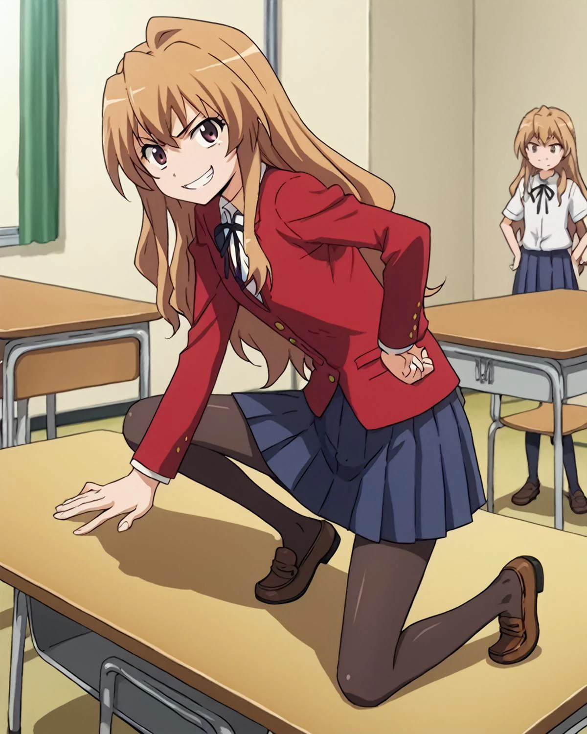 score_9, score_8_up, score_7_up, BREAK source_anime,masterpiece, best quality, highly detailed,absurdres, anime,highres,8k, shadow,uncensored,
, indoors, simple background, ,
,(cute child:1.1), aged down, ddler, cunny, brat,mesugaki,
, looking at viewer, frown , teeth, from side, grin, solo focus,,
,hand on hip, ,one feet put on table, on chair, femdom,
, <lora:taiga-aisaka-s1-ponyxl-lora-nochekaiser:0.8>,
,taiga aisaka, long hair, brown hair, brown eyes,
,school uniform, oohashi high school uniform, jacket, red jacket, long sleeves, shirt, white shirt, collared shirt, ribbon, skirt, pleated skirt, loafers,
, pantyhose,