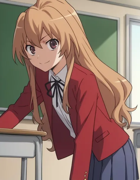 score_9, score_8_up, score_7_up, source_anime,
taigaaisaka, <lora:taiga-aisaka-s1-ponyxl-lora-nochekaiser:1>,
taiga aisaka, long hair, brown hair, brown eyes,
school uniform, oohashi high school uniform, jacket, red jacket, long sleeves, shirt, white shirt, collared shirt, ribbon, skirt, pleated skirt,
indoors, classroom, bent over, smile,
looking at viewer, solo, cowboy shot, dutch angle,