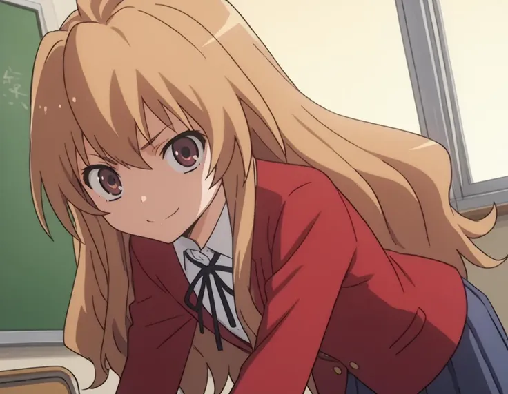 score_9, score_8_up, score_7_up, source_anime,
taigaaisaka, <lora:taiga-aisaka-s1-ponyxl-lora-nochekaiser:1>,
taiga aisaka, long hair, brown hair, brown eyes,
school uniform, oohashi high school uniform, jacket, red jacket, long sleeves, shirt, white shirt, collared shirt, ribbon, skirt, pleated skirt,
indoors, classroom, bent over, smile,
looking at viewer, solo, cowboy shot, dutch angle,