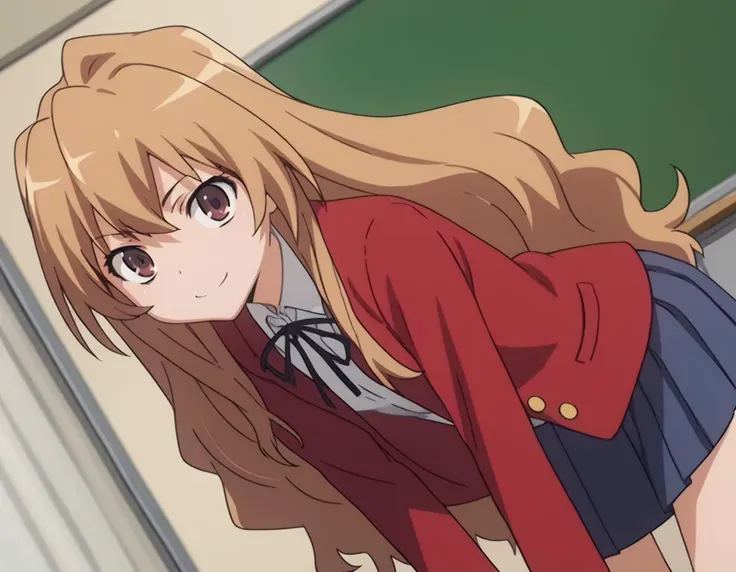 score_9, score_8_up, score_7_up, source_anime,
taigaaisaka, <lora:taiga-aisaka-s1-ponyxl-lora-nochekaiser:1>,
taiga aisaka, long hair, brown hair, brown eyes,
school uniform, oohashi high school uniform, jacket, red jacket, long sleeves, shirt, white shirt, collared shirt, ribbon, skirt, pleated skirt,
indoors, classroom, bent over, smile,
looking at viewer, solo, cowboy shot, dutch angle,