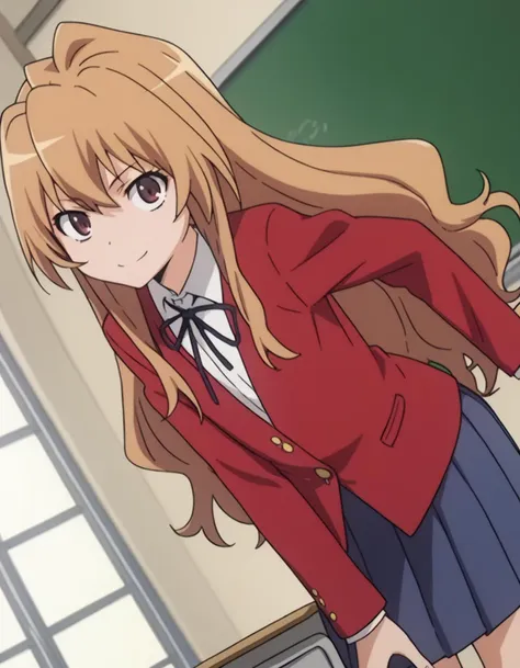 score_9, score_8_up, score_7_up, source_anime,
taigaaisaka, <lora:taiga-aisaka-s1-ponyxl-lora-nochekaiser:1>,
taiga aisaka, long hair, brown hair, brown eyes,
school uniform, oohashi high school uniform, jacket, red jacket, long sleeves, shirt, white shirt, collared shirt, ribbon, skirt, pleated skirt,
indoors, classroom, bent over, smile,
looking at viewer, solo, cowboy shot, dutch angle,