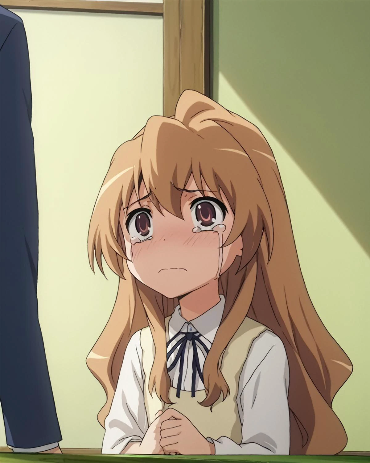 score_9, score_8_up, score_7_up, BREAK source_anime,masterpiece, best quality, highly detailed,absurdres, anime,highres,8k, shadow,uncensored,
, indoors, simple background, home,
, (cute child:1.1), aged down, , cunny, brat, mesugaki,
, childish,Intimacy, confidence,,trusted
, crying, camisoles, coverd face by hands,
, <lora:taiga-aisaka-s1-ponyxl-lora-nochekaiser:0.9>,
,taiga aisaka, long hair, brown hair, brown eyes,
,