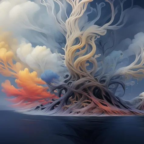 <lora:artfullyTREELUSION_SDXL_V1:1>, arttrlsn, , An ethereal cloud tree with roots and branches that form into various shapes, colorful, concept design for fantasy game, creating an otherworldly atmosphere. The branches of clouds form unique shapes and colors, creating the illusion it is growing from within them. The background features dark tones to contrast the bright colors of the cloudlike branches., detailed, high resolution, smoke billows from its base, symbolizing both chaos and beauty in nature. This concept could be used as a digital art piece or for fantasy book cover design in the style of various artists., symbolizing growth in various areas such as creativity or personal development. Digital art style, the colors of flames glow red, the overall color scheme has light tones. The digital art style creates a mysterious atmosphere in the style of digital art., the sky above is dark blue, the trunk is shaped like an island surrounded by water, white clouds form in various shapes, yellow and orange, An ethereal cloud tree with roots that wind through the sky, A cloud tree with roots that twist and wind