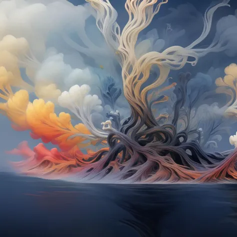 <lora:artfullyTREELUSION_SDXL_V1:1>, arttrlsn, , An ethereal cloud tree with roots and branches that form into various shapes, colorful, concept design for fantasy game, creating an otherworldly atmosphere. The branches of clouds form unique shapes and colors, creating the illusion it is growing from within them. The background features dark tones to contrast the bright colors of the cloudlike branches., detailed, high resolution, smoke billows from its base, symbolizing both chaos and beauty in nature. This concept could be used as a digital art piece or for fantasy book cover design in the style of various artists., symbolizing growth in various areas such as creativity or personal development. Digital art style, the colors of flames glow red, the overall color scheme has light tones. The digital art style creates a mysterious atmosphere in the style of digital art., the sky above is dark blue, the trunk is shaped like an island surrounded by water, white clouds form in various shapes, yellow and orange, An ethereal cloud tree with roots that wind through the sky, A cloud tree with roots that twist and wind