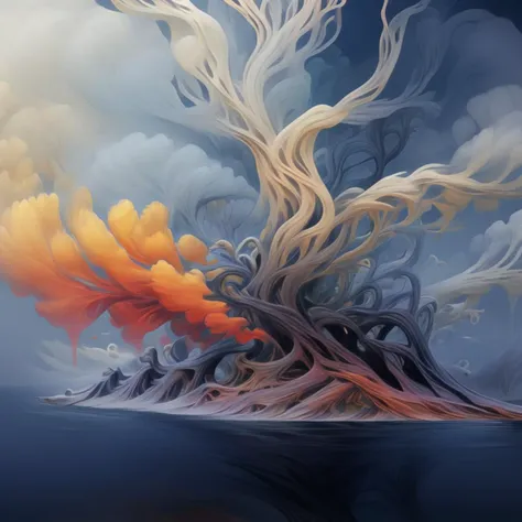 <lora:artfullyTREELUSION_SDXL_V1:1>, arttrlsn, , An ethereal cloud tree with roots and branches that form into various shapes, colorful, concept design for fantasy game, creating an otherworldly atmosphere. The branches of clouds form unique shapes and colors, creating the illusion it is growing from within them. The background features dark tones to contrast the bright colors of the cloudlike branches., detailed, high resolution, smoke billows from its base, symbolizing both chaos and beauty in nature. This concept could be used as a digital art piece or for fantasy book cover design in the style of various artists., symbolizing growth in various areas such as creativity or personal development. Digital art style, the colors of flames glow red, the overall color scheme has light tones. The digital art style creates a mysterious atmosphere in the style of digital art., the sky above is dark blue, the trunk is shaped like an island surrounded by water, white clouds form in various shapes, yellow and orange, An ethereal cloud tree with roots that wind through the sky, A cloud tree with roots that twist and wind