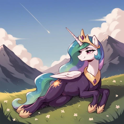 score_9, score_8_up, score_7_up, score_6_up, score_5_up, score_4_up, rating_explicit, outdoors, purple (b34n bodysuit:1.2), solo, feral pony, princess celestia, evil smile, closed mouth,BREAK mountain, day, sky, flower, mountainous horizon, blue sky, grass <lora:Smooth Anime Style LoRA XL:1> <lora:b34n-animaginexl-1-000009:1.0>